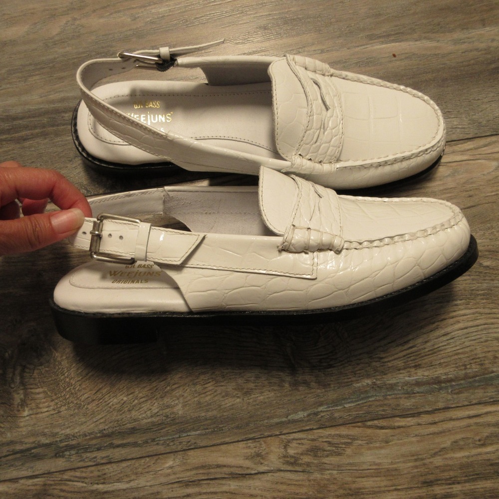 GH Bass Weejuns Loafers 8 Whitney Croc Embossed Slingback White Leather Preppy